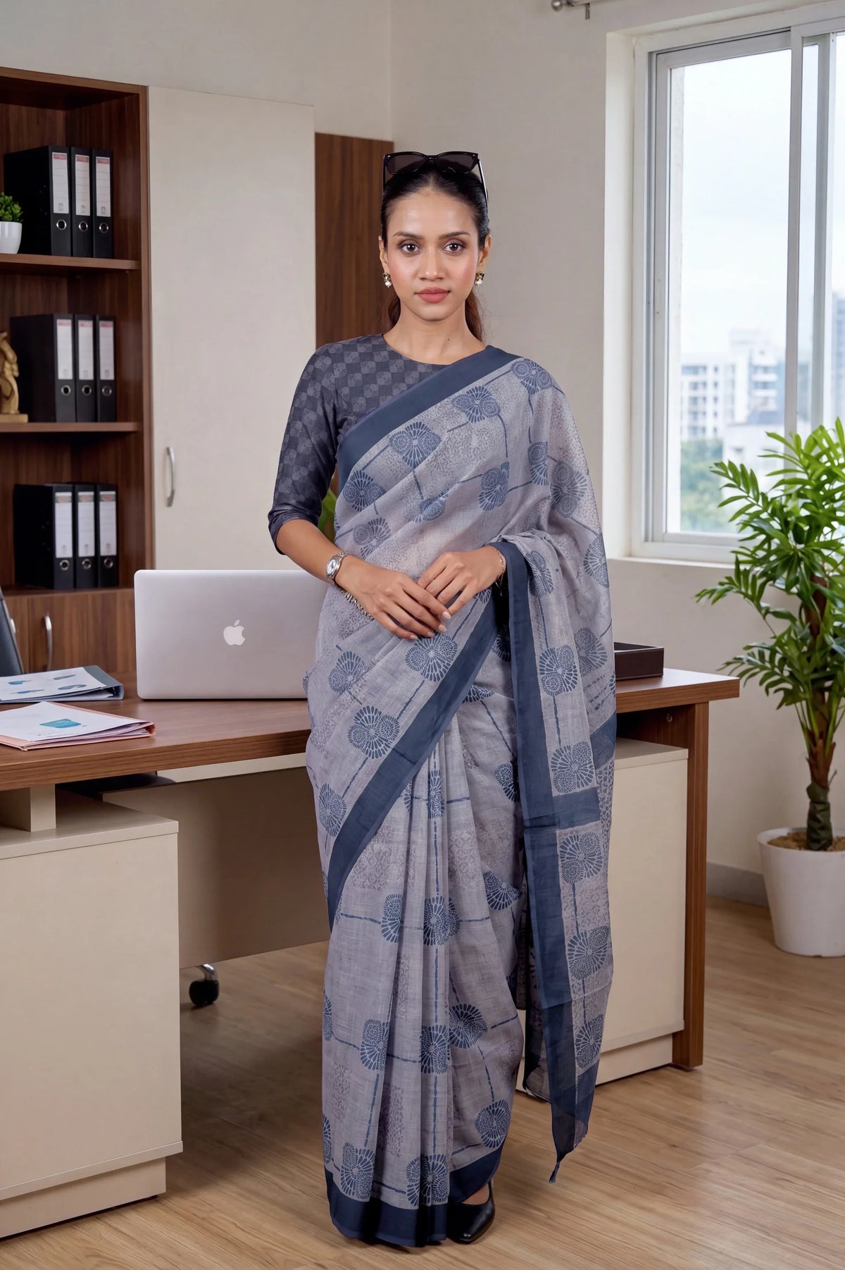 Laxmipati Power Pleats Grey Linen Geometric Saree