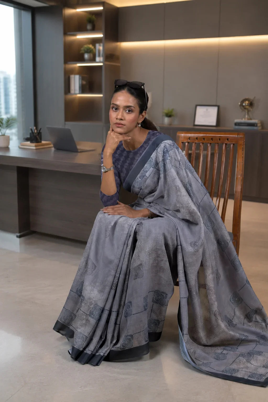 Laxmipati Power Pleats Grey Linen Geometric Saree