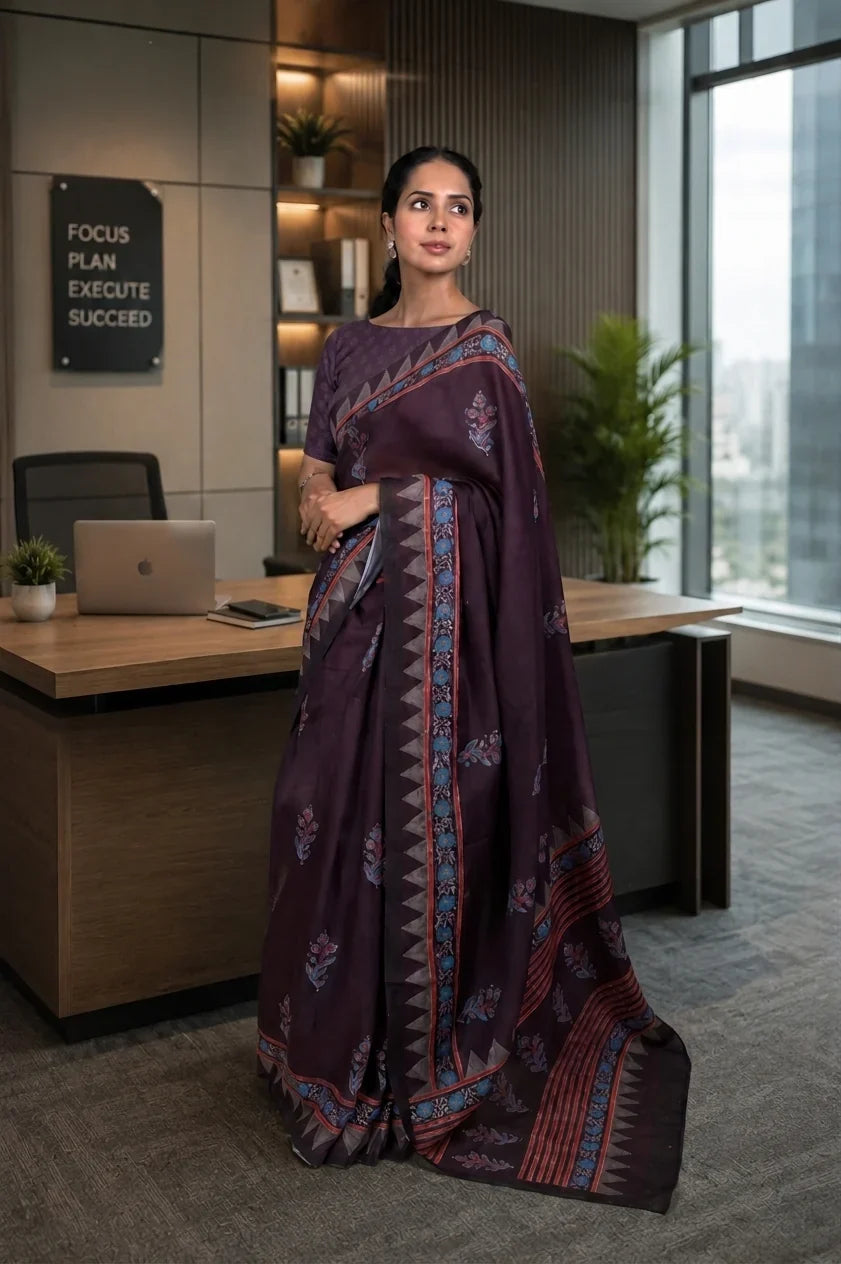 Laxmipati Power Pleats Purple Linen Geometric Printed Saree