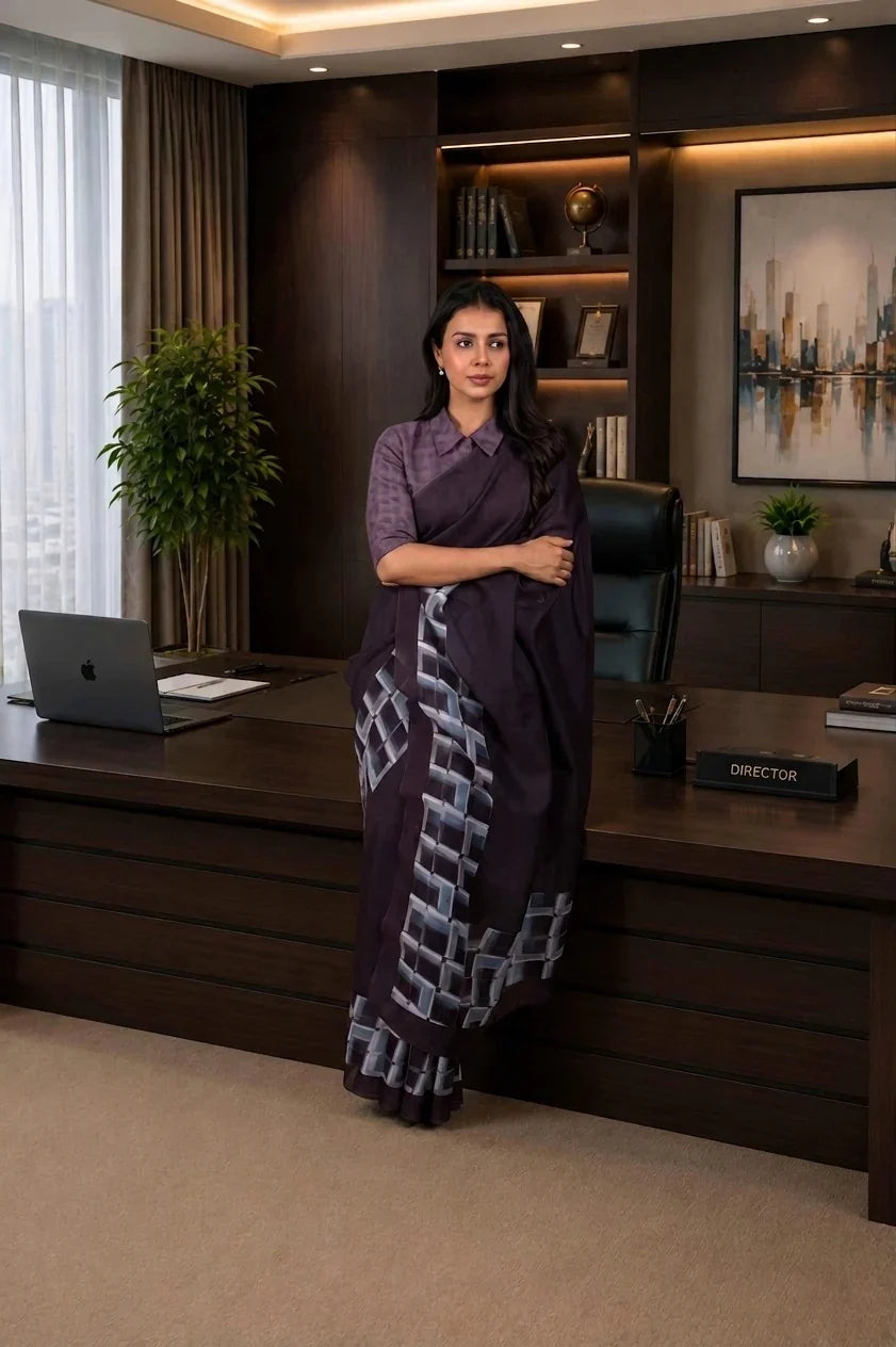 Laxmipati Power Pleats Purple Linen Geometric Printed Saree