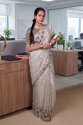 Laxmipati Power Pleats Cream Cotton Blend Geometric Printed Saree