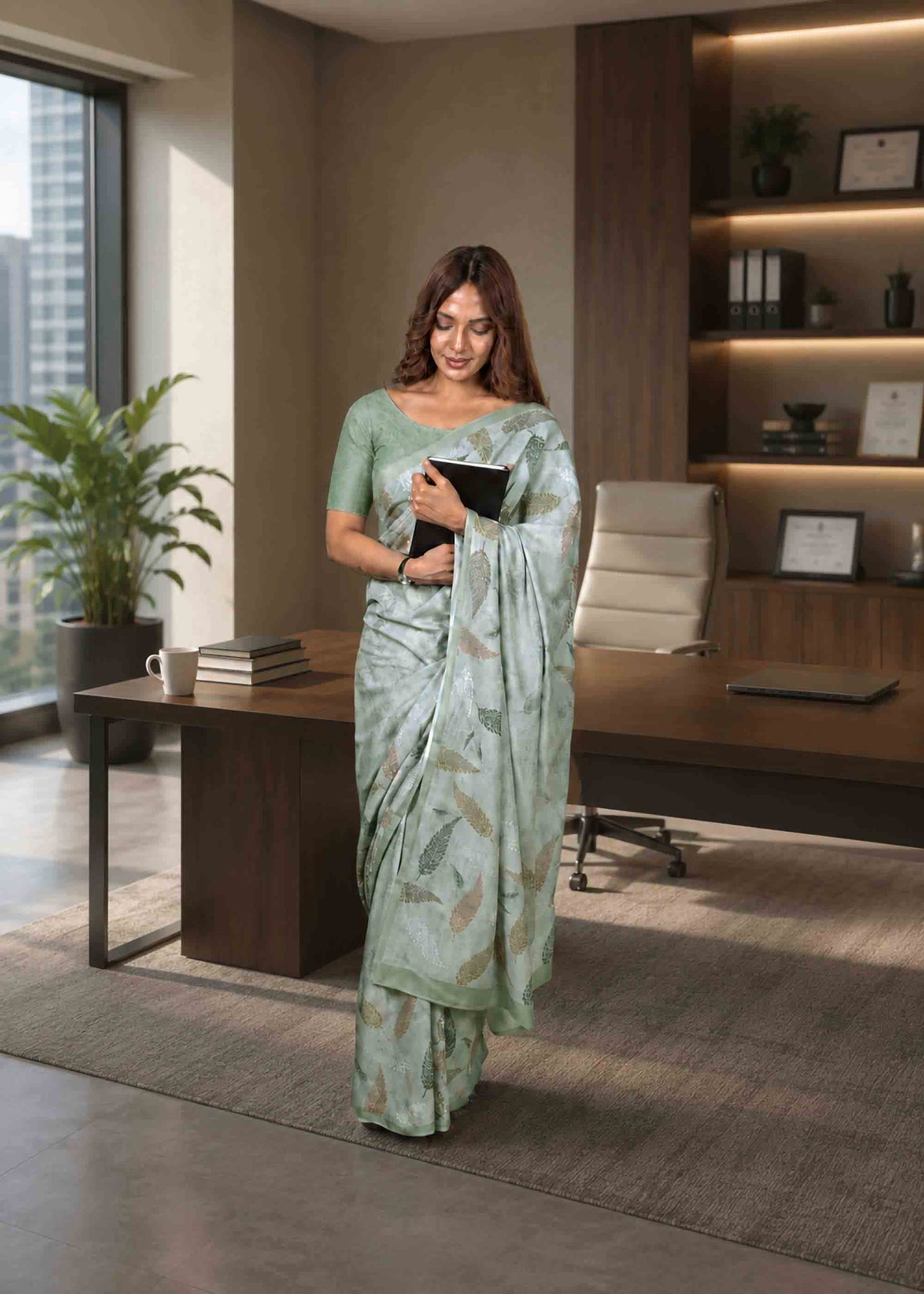 Laxmipati Power Pleats Green Cotton Blend Floral Printed Saree
