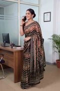 Laxmipati Power Pleats Brown Cotton Blend Zig Zag Printed Saree