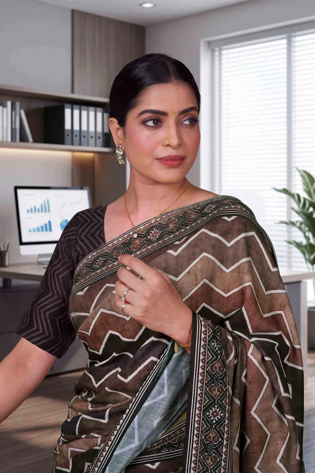 Laxmipati Power Pleats Brown Cotton Blend Zig Zag Printed Saree