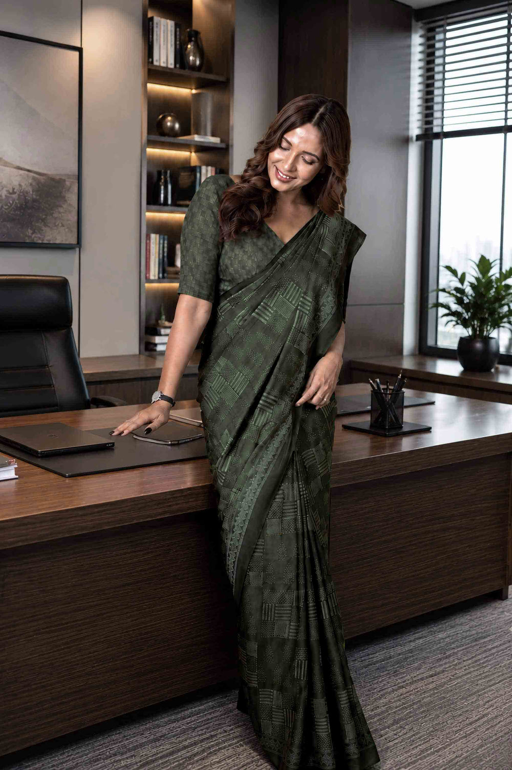 Laxmipati Power Pleats Green Cotton Blend Geometric Printed Saree