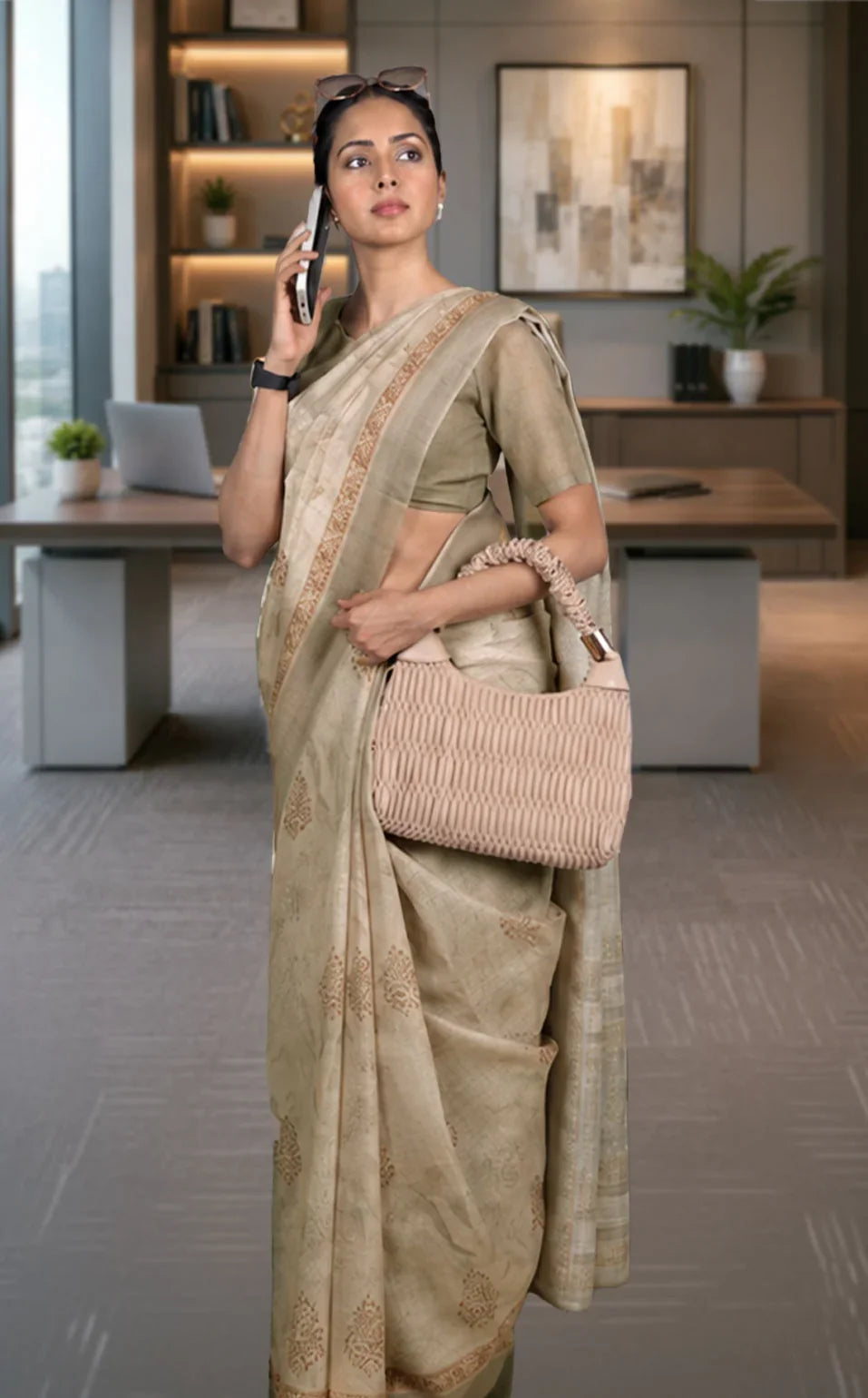 Laxmipati Power Pleats Brown Linen Floral Printed Saree