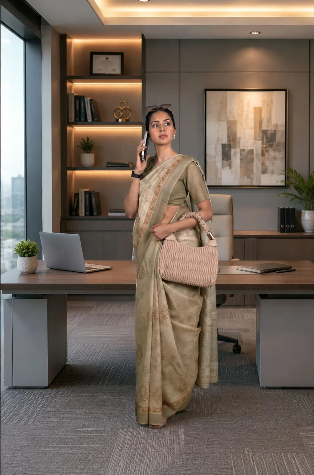 Laxmipati Power Pleats Brown Linen Floral Printed Saree