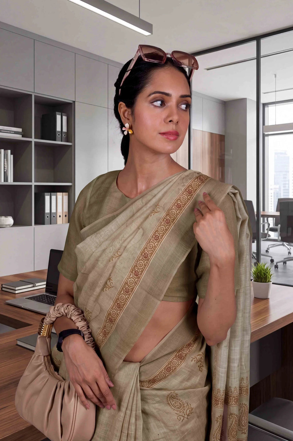 Laxmipati Power Pleats Brown Linen Floral Printed Saree