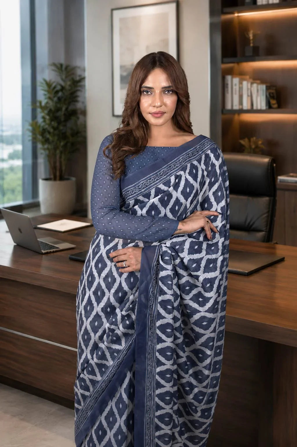 Laxmipati Power Pleats Blue Linen Geometric Printed Saree
