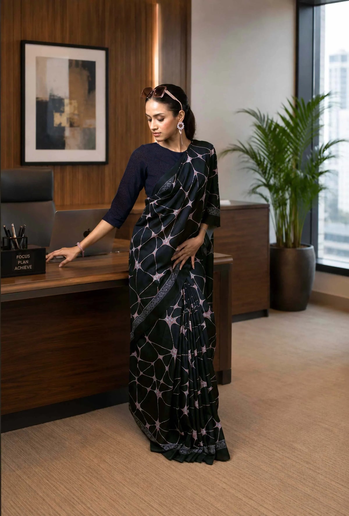 Laxmipati Power Pleats Black Cotton Blend Abstract Printed Saree