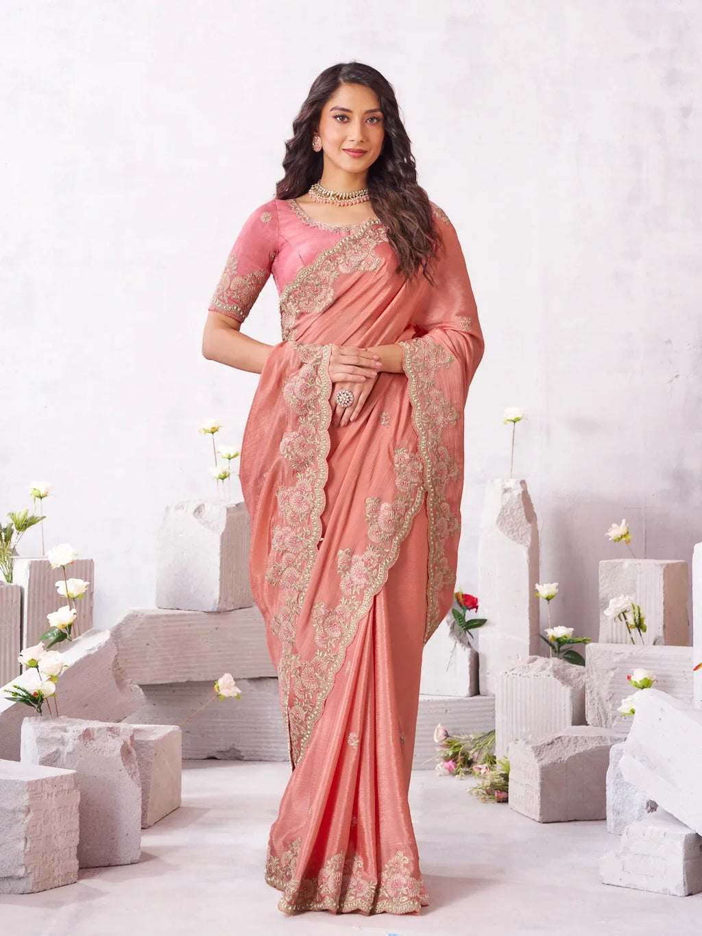 Laxmipati Arpita Pink Chiffon Embroidered Saree