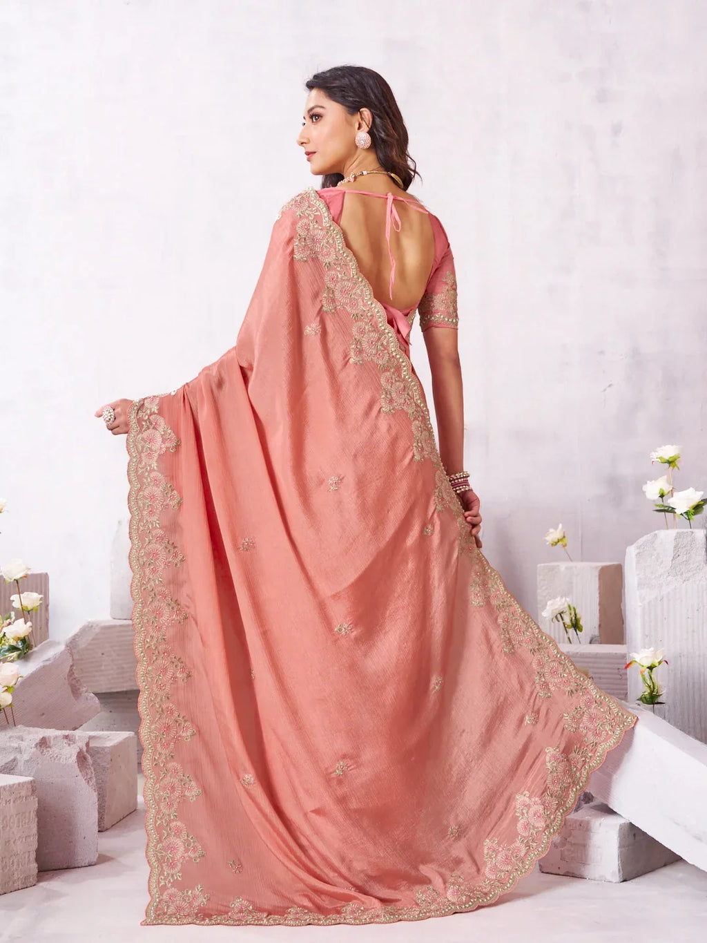Laxmipati Arpita Pink Chiffon Embroidered Saree