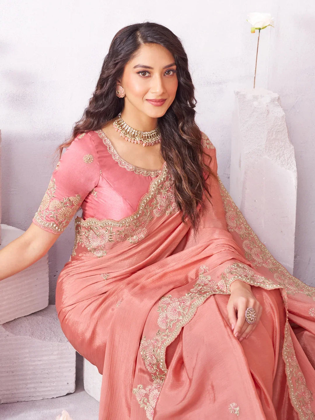 Laxmipati Arpita Pink Chiffon Embroidered Saree