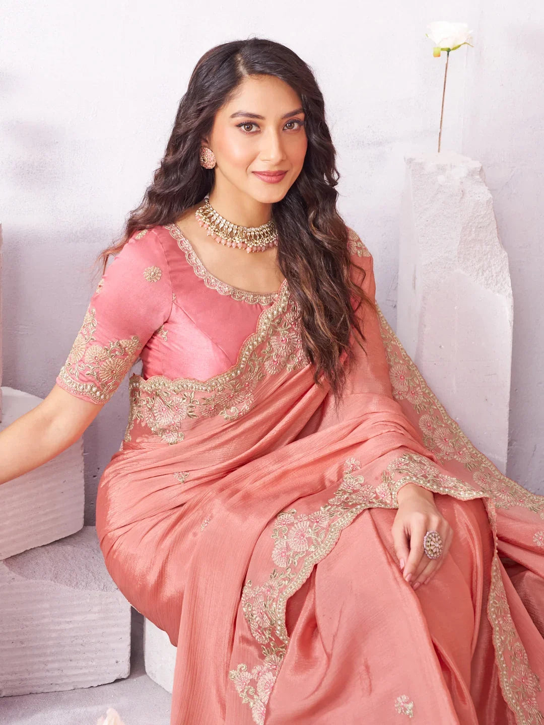 Laxmipati Arpita Pink Chiffon Embroidered Saree