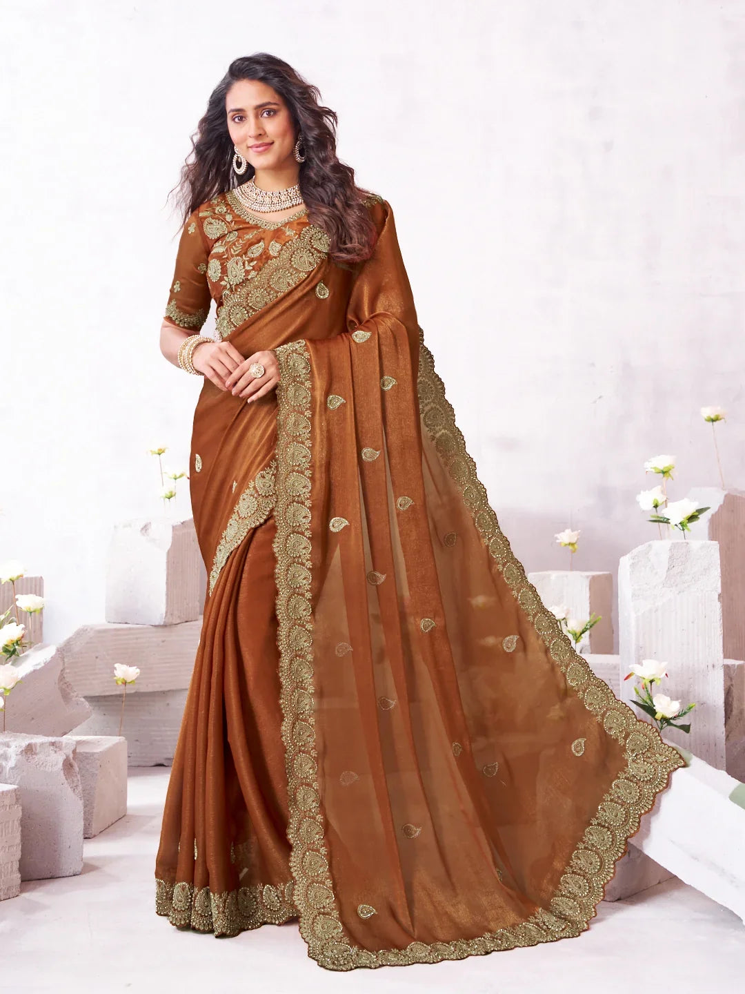Laxmipati Arpita Brown Chiffon Embroidered Saree