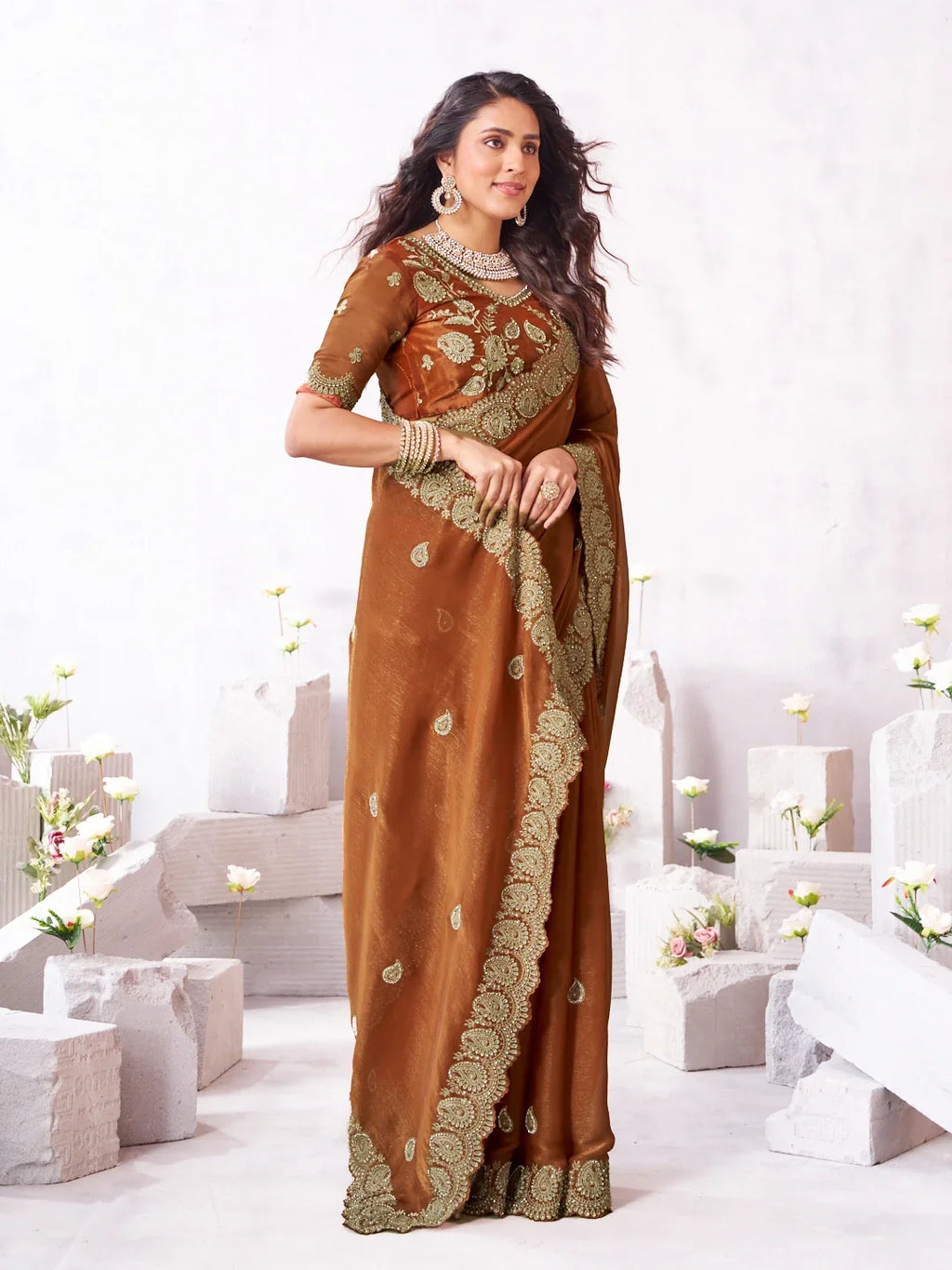 Laxmipati Arpita Brown Chiffon Embroidered Saree