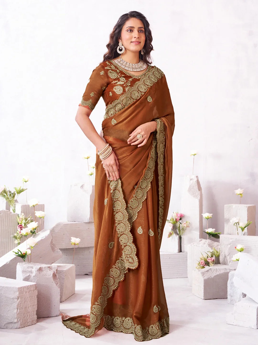 Laxmipati Arpita Brown Chiffon Embroidered Saree