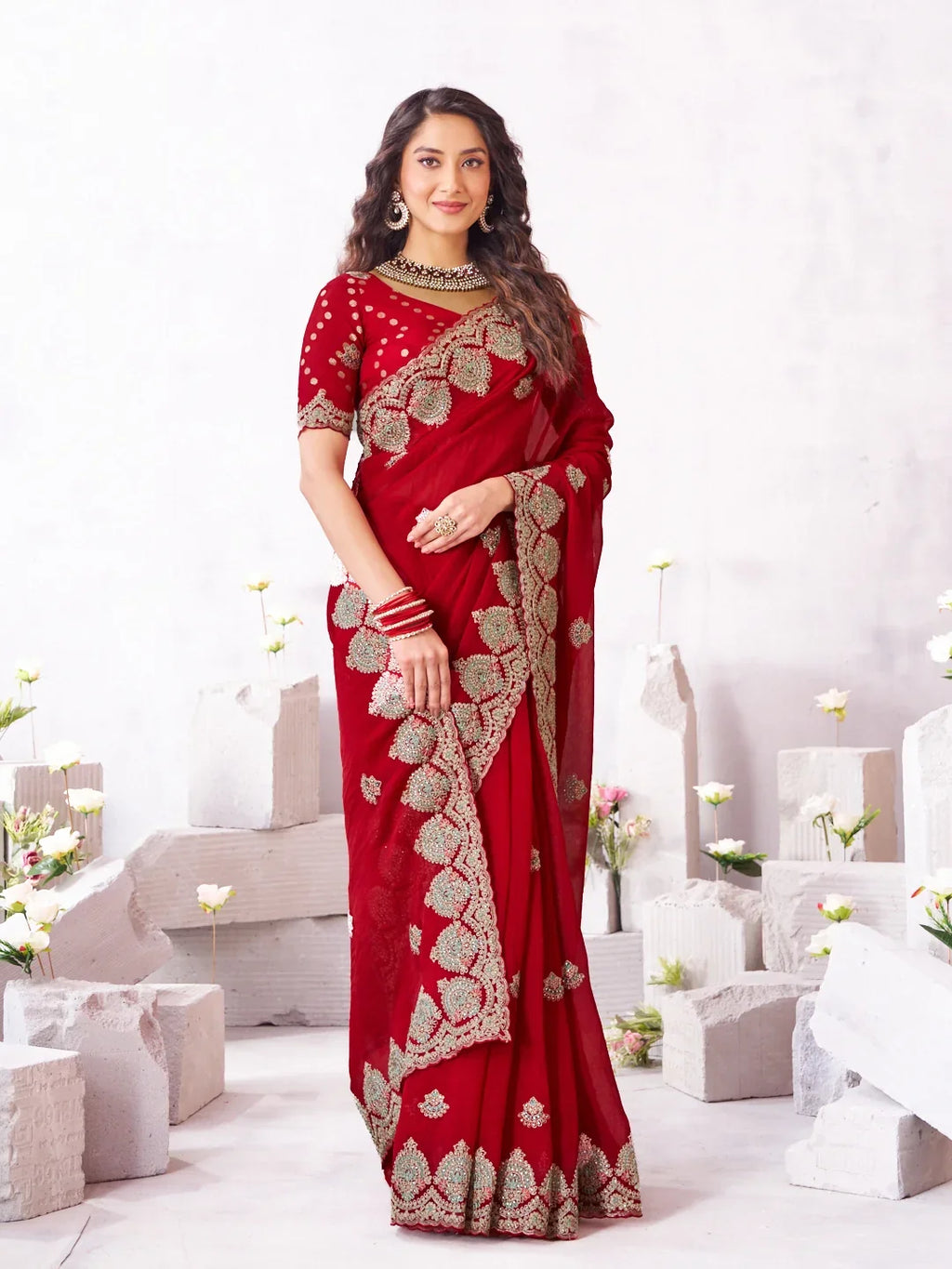 Laxmipati Arpita Red Chiffon Embroidered Saree