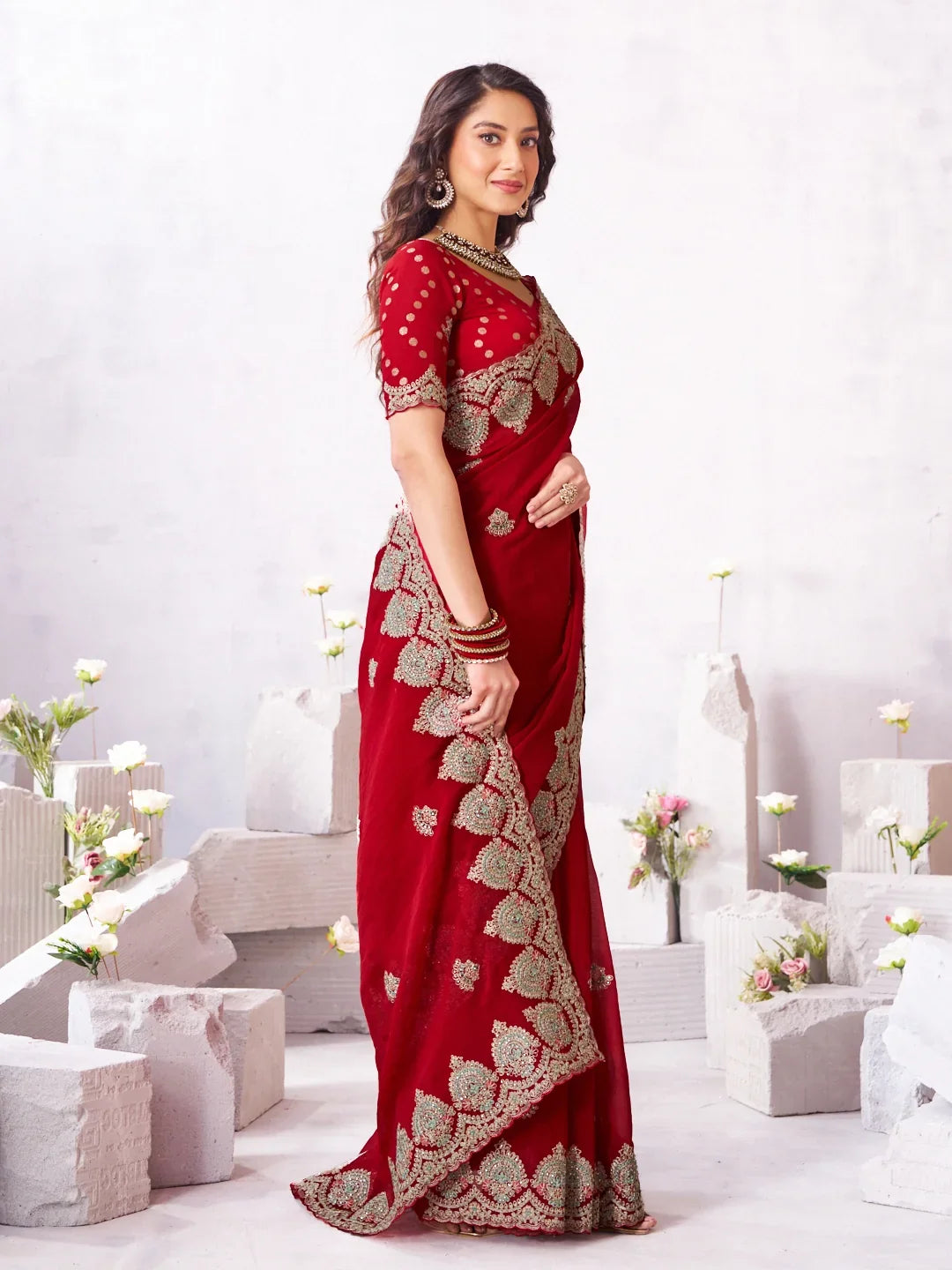 Laxmipati Arpita Red Chiffon Embroidered Saree