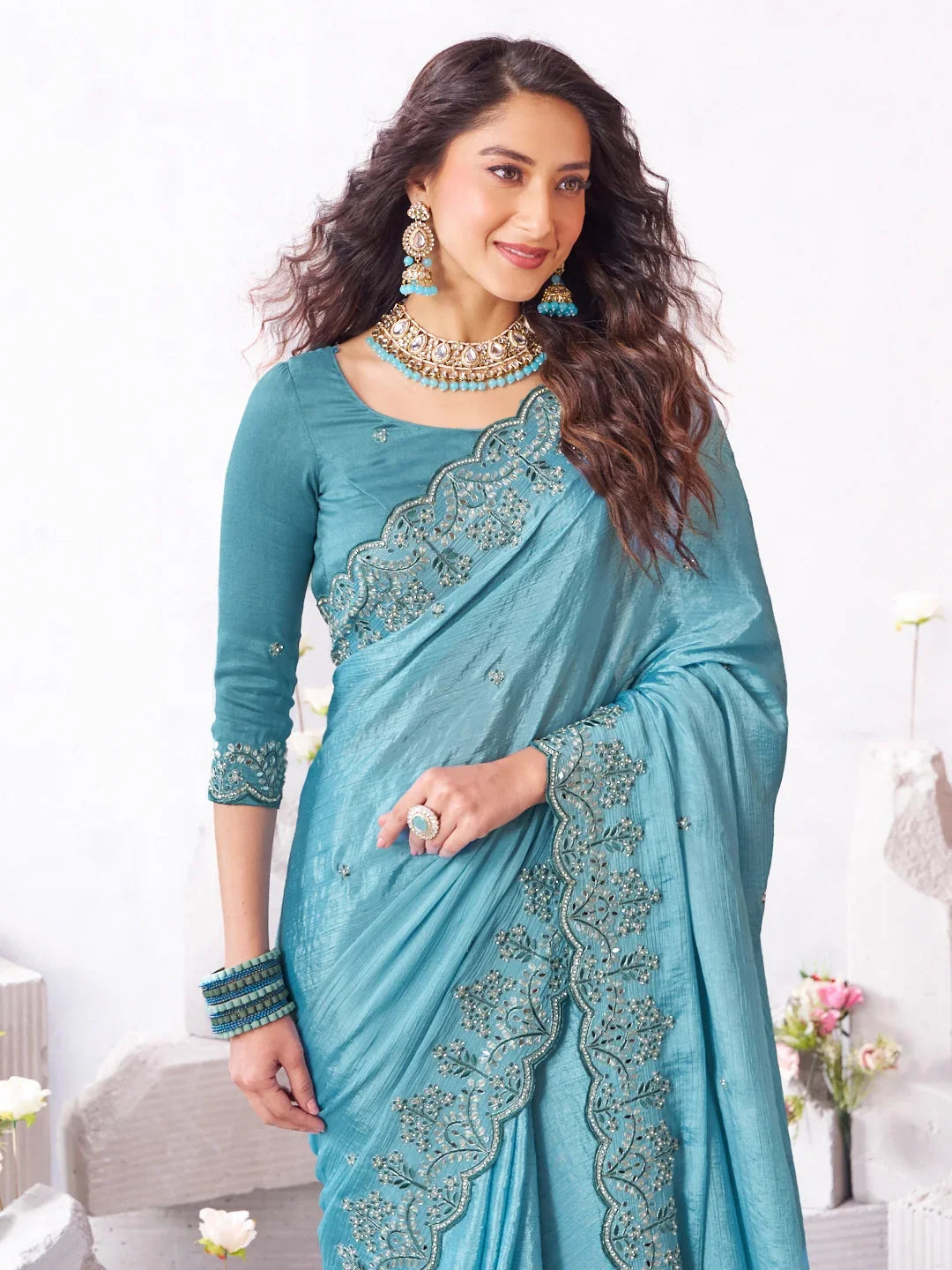 Laxmipati Arpita Blue Chiffon Embroidered Saree