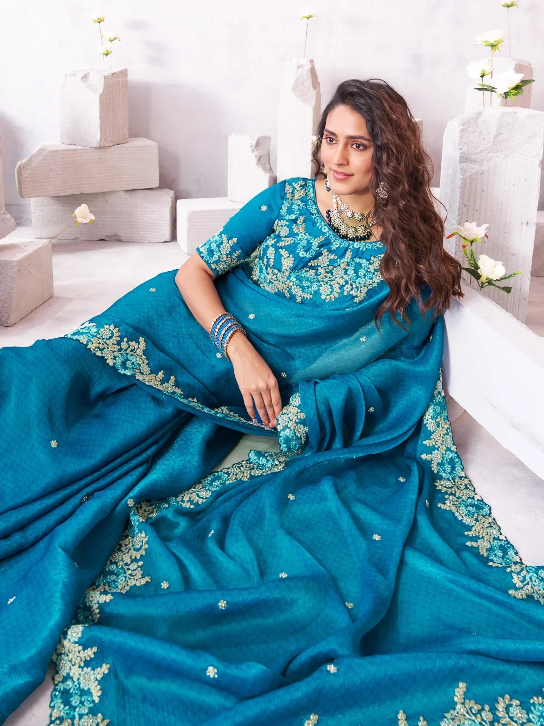 Laxmipati Arpita Blue Tissue Organza Embroidered Saree