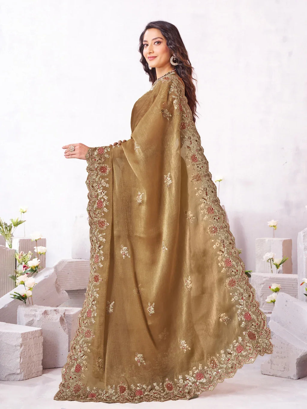 Laxmipati Arpita Brown Silk Blend Embroidered Saree