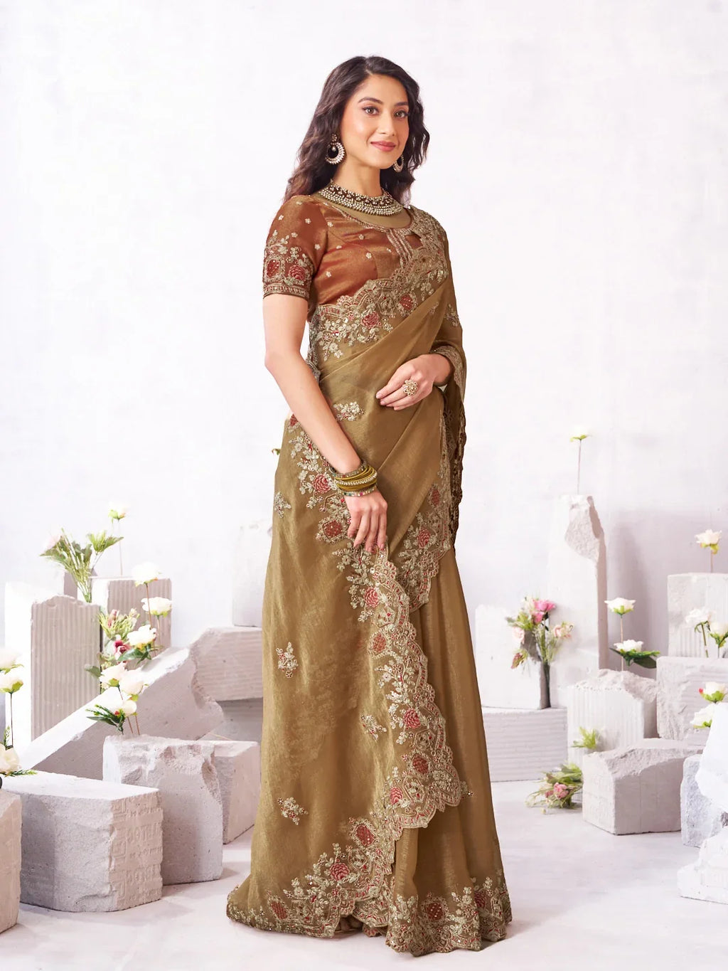 Laxmipati Arpita Brown Silk Blend Embroidered Saree