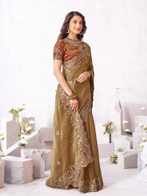 Laxmipati Arpita Brown Silk Blend Embroidered Saree