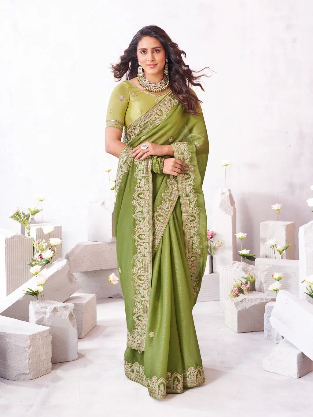 Laxmipati Arpita Green Chiffon Embroidered Saree