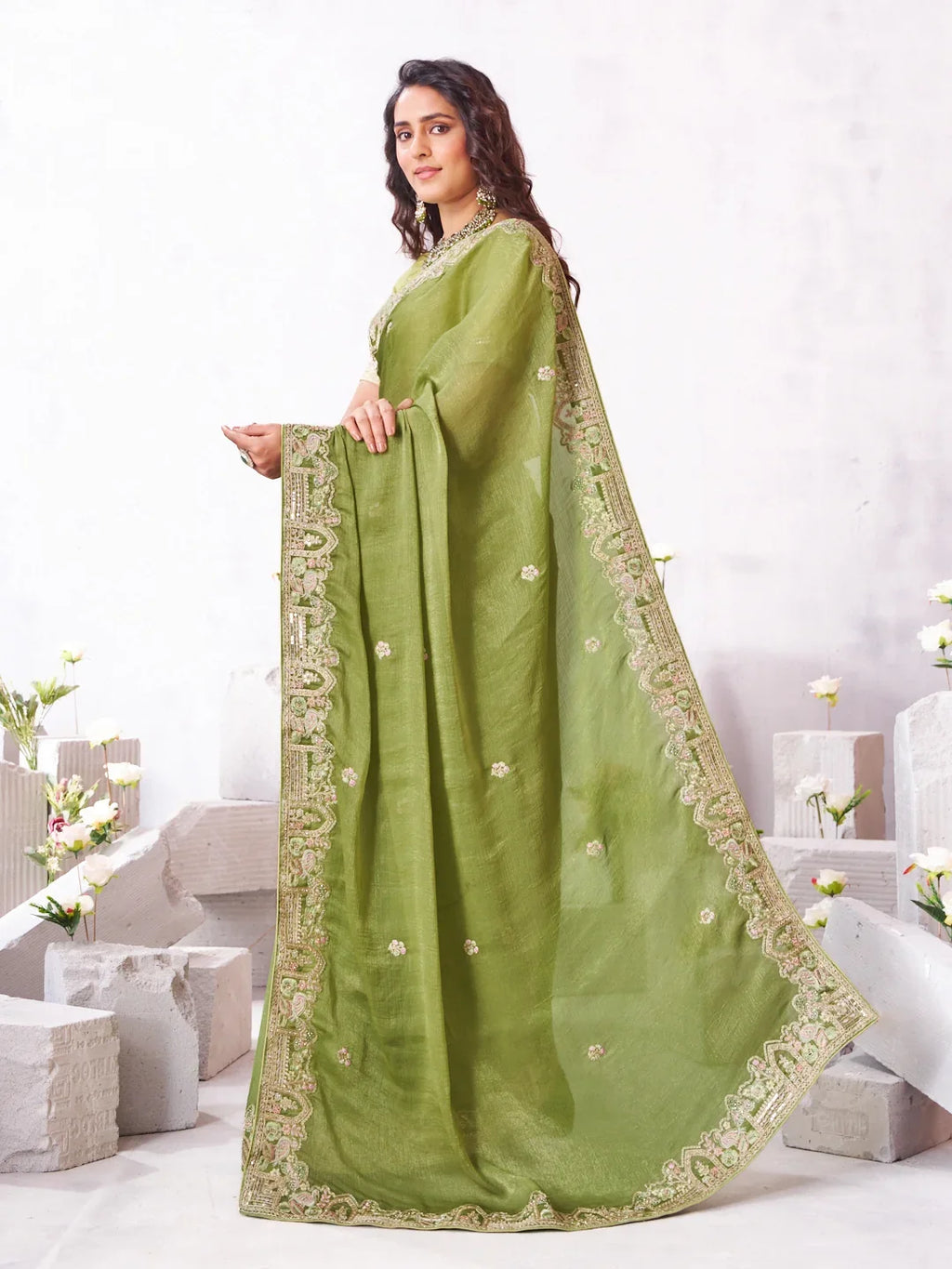 Laxmipati Arpita Green Chiffon Embroidered Saree