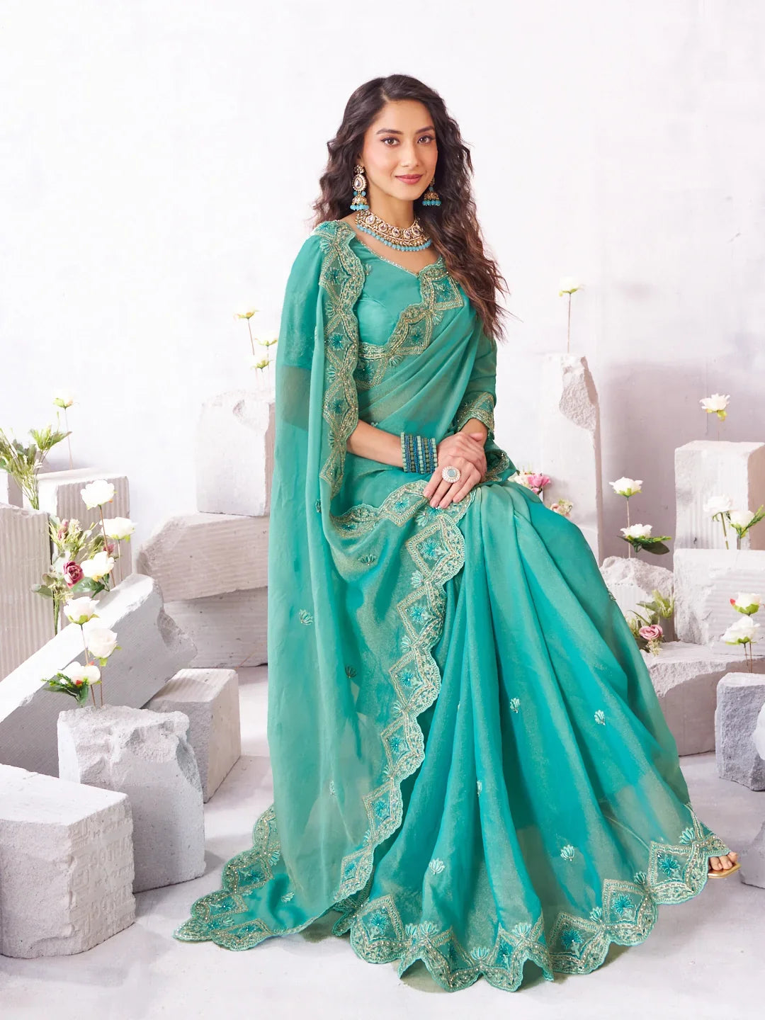 Laxmipati Arpita Blue Silk Blend Embroidered Saree