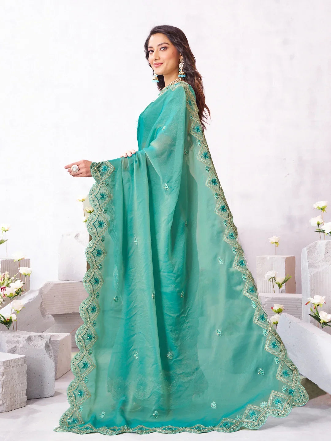 Laxmipati Arpita Blue Silk Blend Embroidered Saree