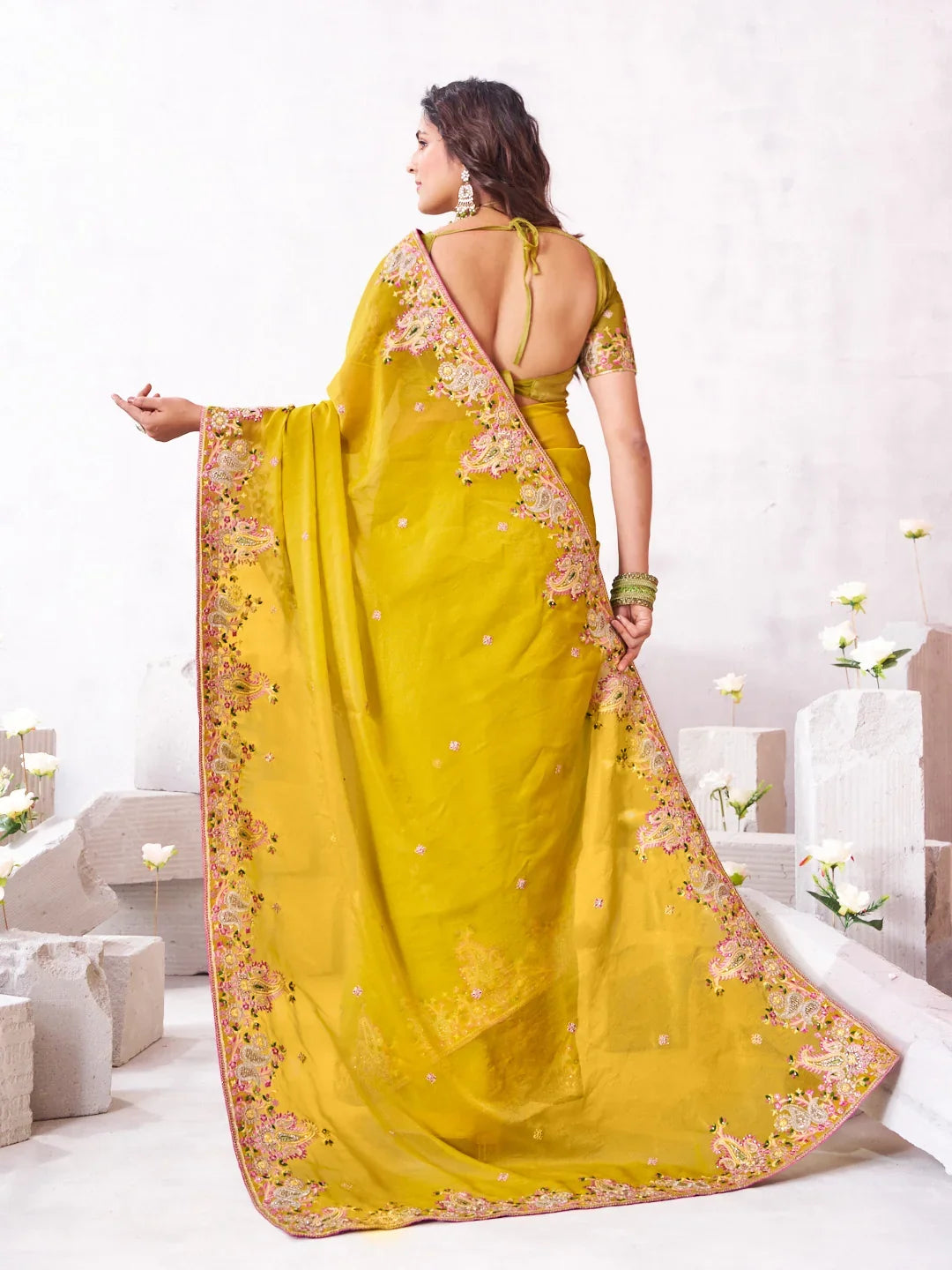 Laxmipati Arpita Mustard Chiffon Embroidered Saree