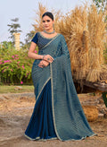 Laxmipati Khidki Blue Silk Blend Striped Embroidered Saree