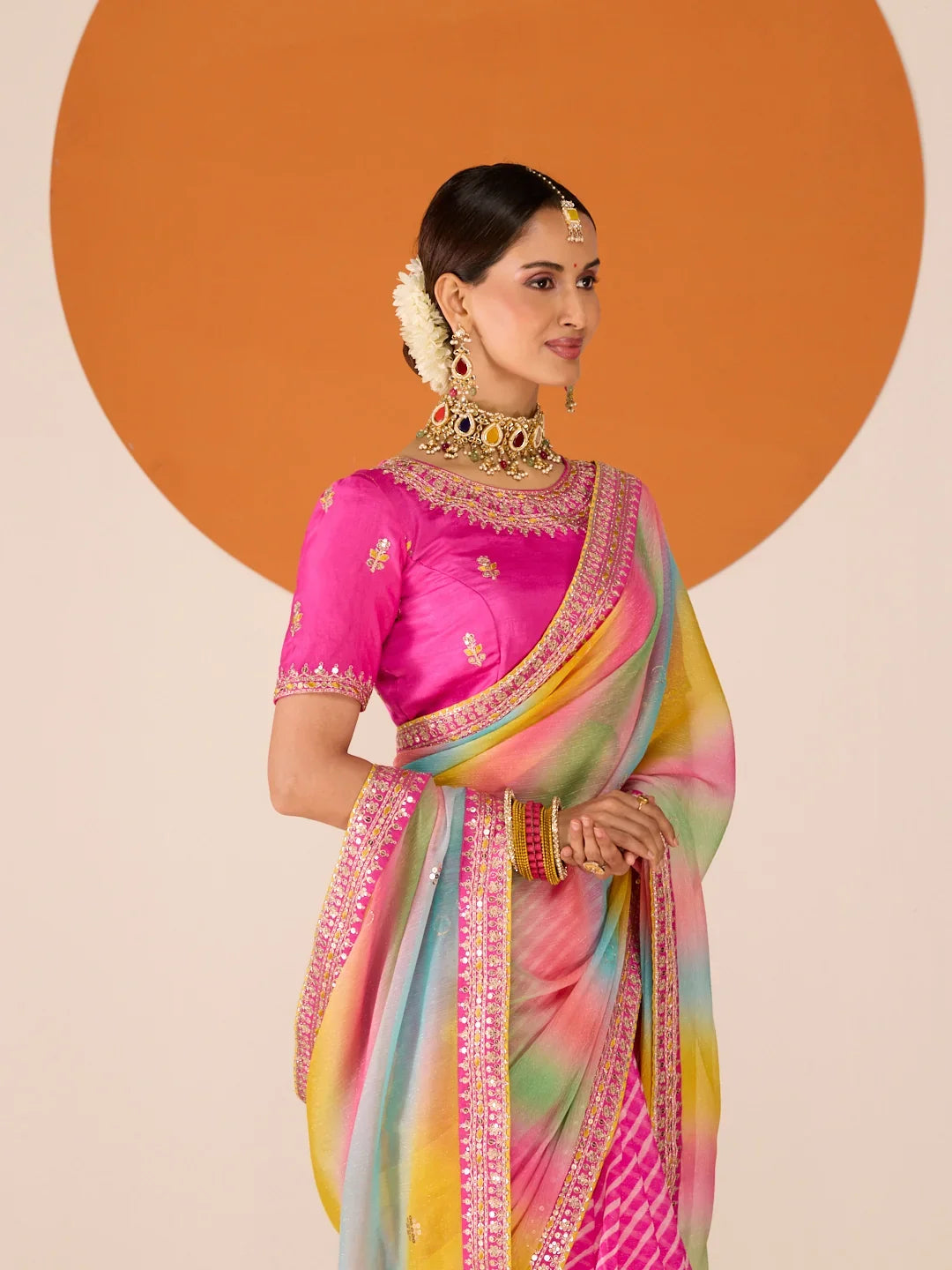 Laxmipati Ruchi Pink Chiffon Embroidered Saree