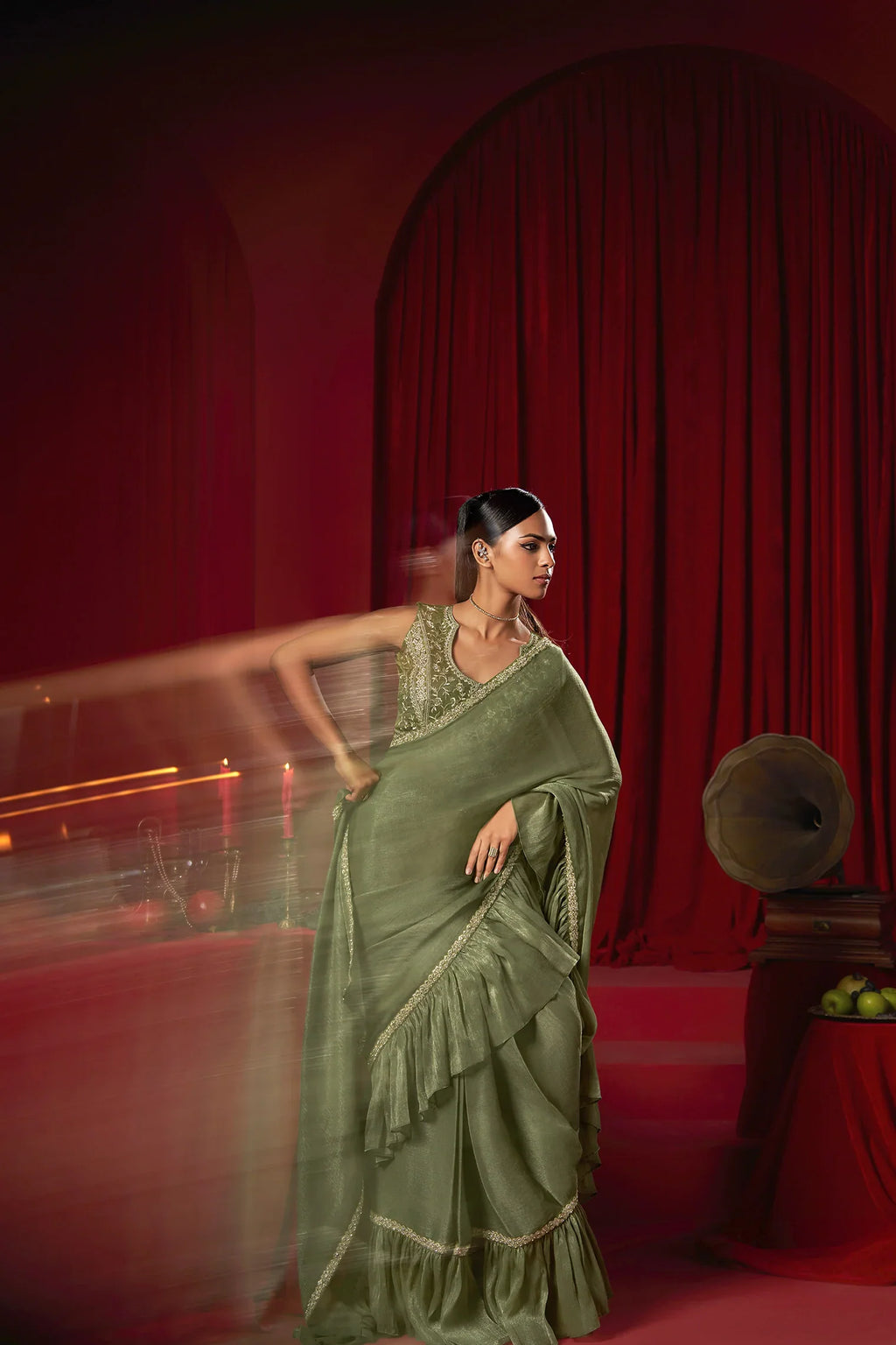 Laxmipati Ready to Wear (SS*) Greyish Green Embroidered Georgette Saree