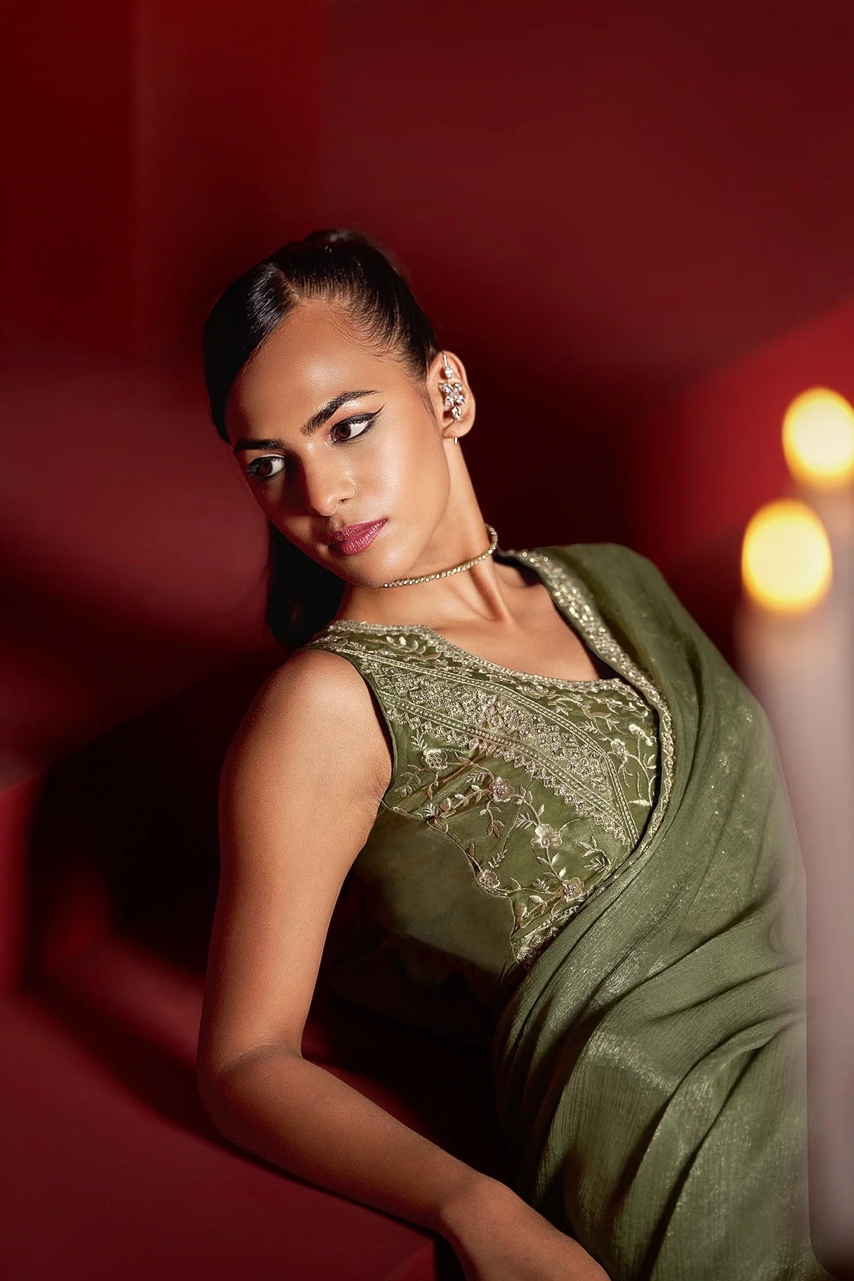 Laxmipati Ready to Wear (SS*) Greyish Green Embroidered Georgette Saree