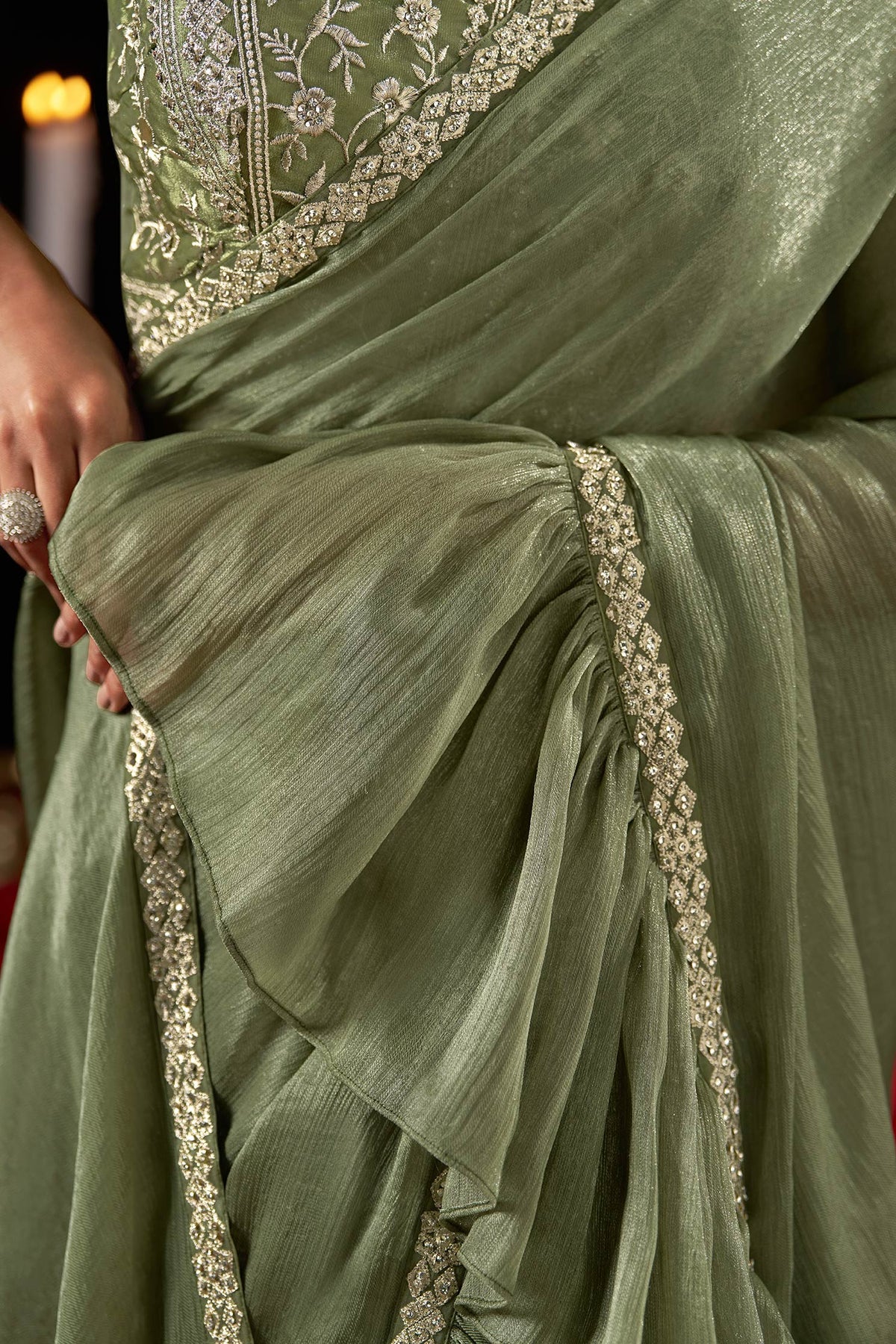Laxmipati Ready to Wear (SS*) Greyish Green Embroidered Georgette Saree