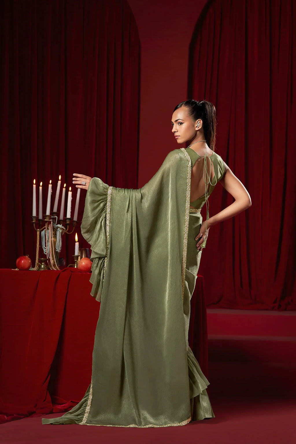 Laxmipati Ready to Wear (SS*) Greyish Green Embroidered Georgette Saree