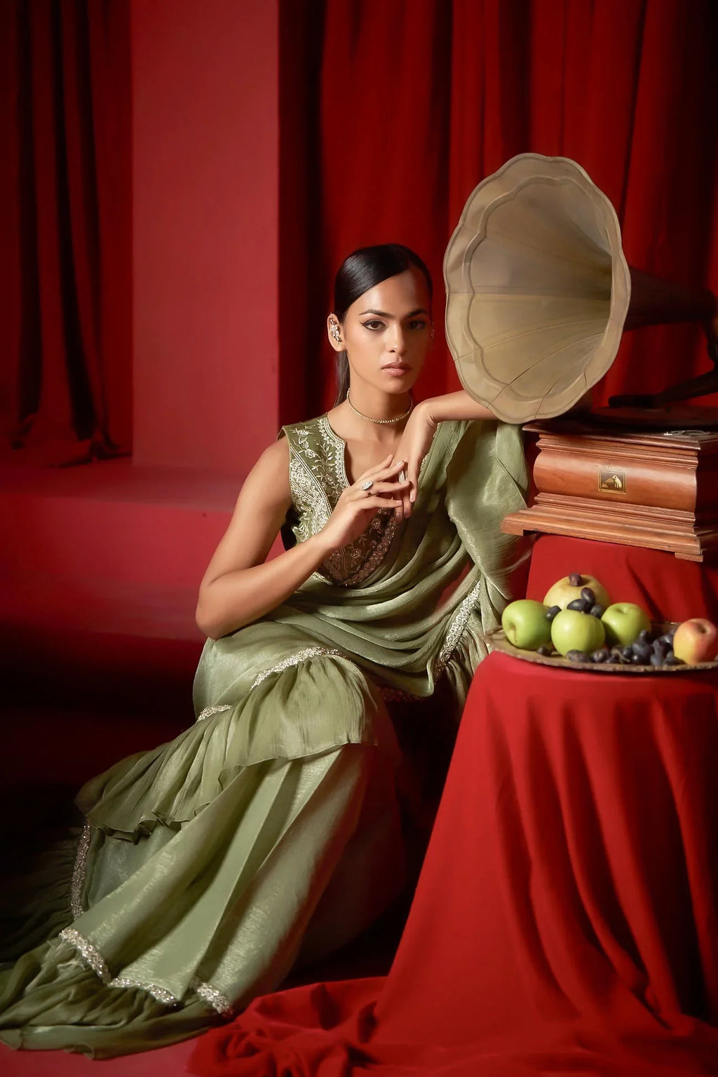 Laxmipati Ready to Wear (SS*) Greyish Green Embroidered Georgette Saree