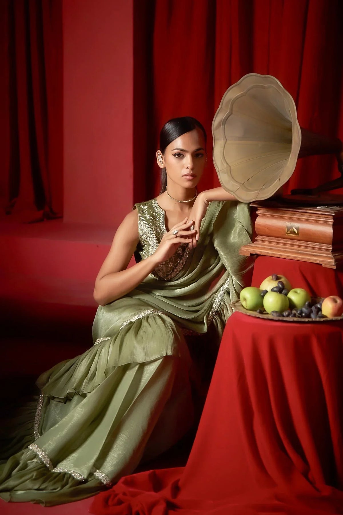 Laxmipati Ready to Wear (SS*) Greyish Green Embroidered Georgette Saree