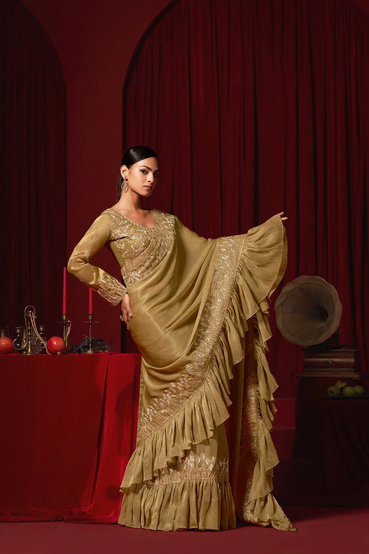Laxmipati Ready to Wear (SS*) Golden Brown Embroidered Georgette Saree