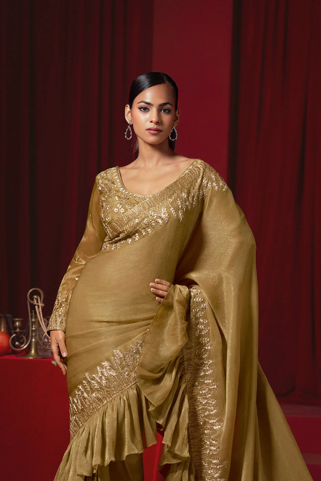 Laxmipati Ready to Wear (SS*) Golden Brown Embroidered Georgette Saree
