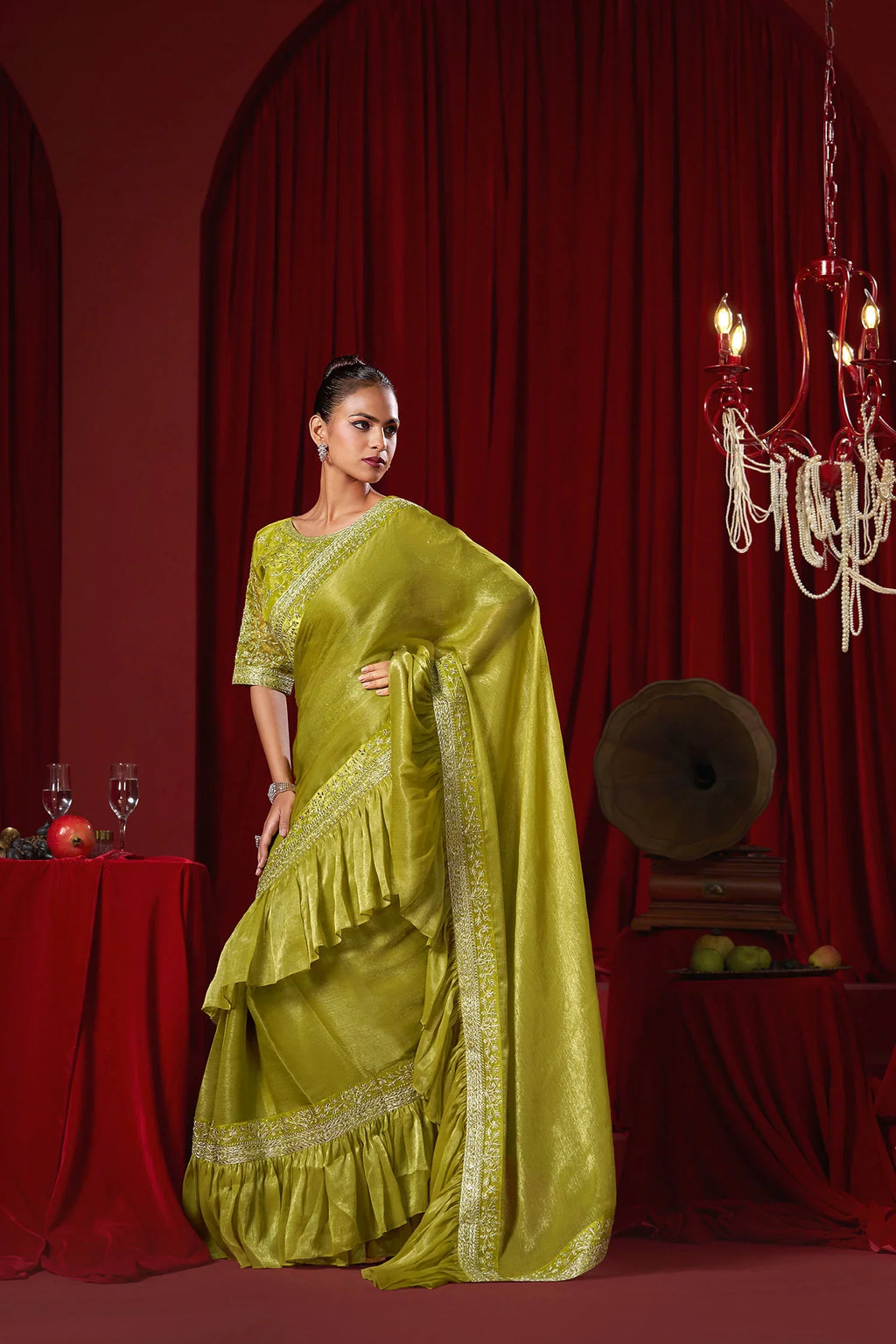 Laxmipati Ready to Wear (SS*) Olive Green Embroidered Georgette Saree