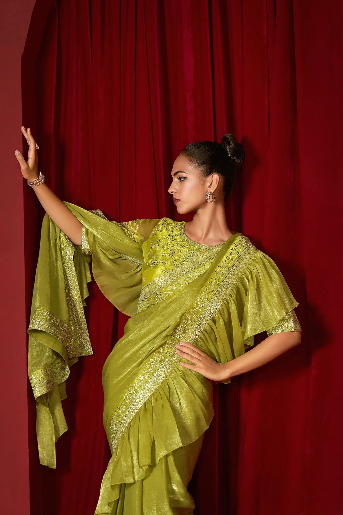 Laxmipati Ready to Wear (SS*) Olive Green Embroidered Georgette Saree