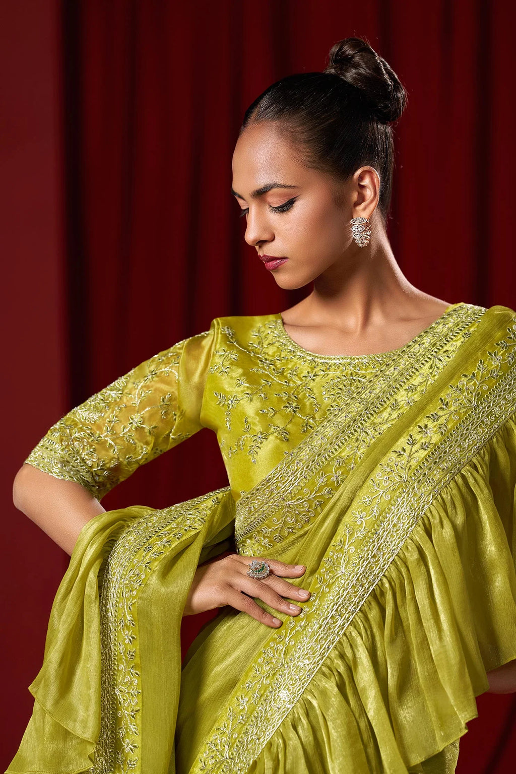 Laxmipati Ready to Wear (SS*) Olive Green Embroidered Georgette Saree