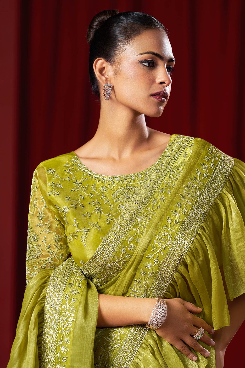 Laxmipati Ready to Wear (SS*) Olive Green Embroidered Georgette Saree