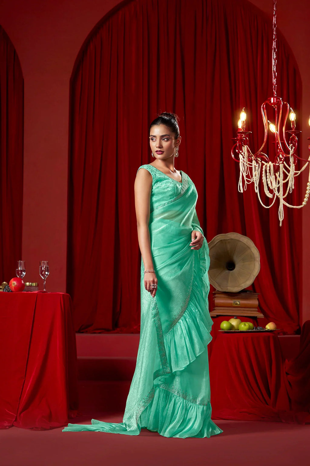 Laxmipati Ready to Wear (SS*) Sea Green Embroidered Georgette Saree