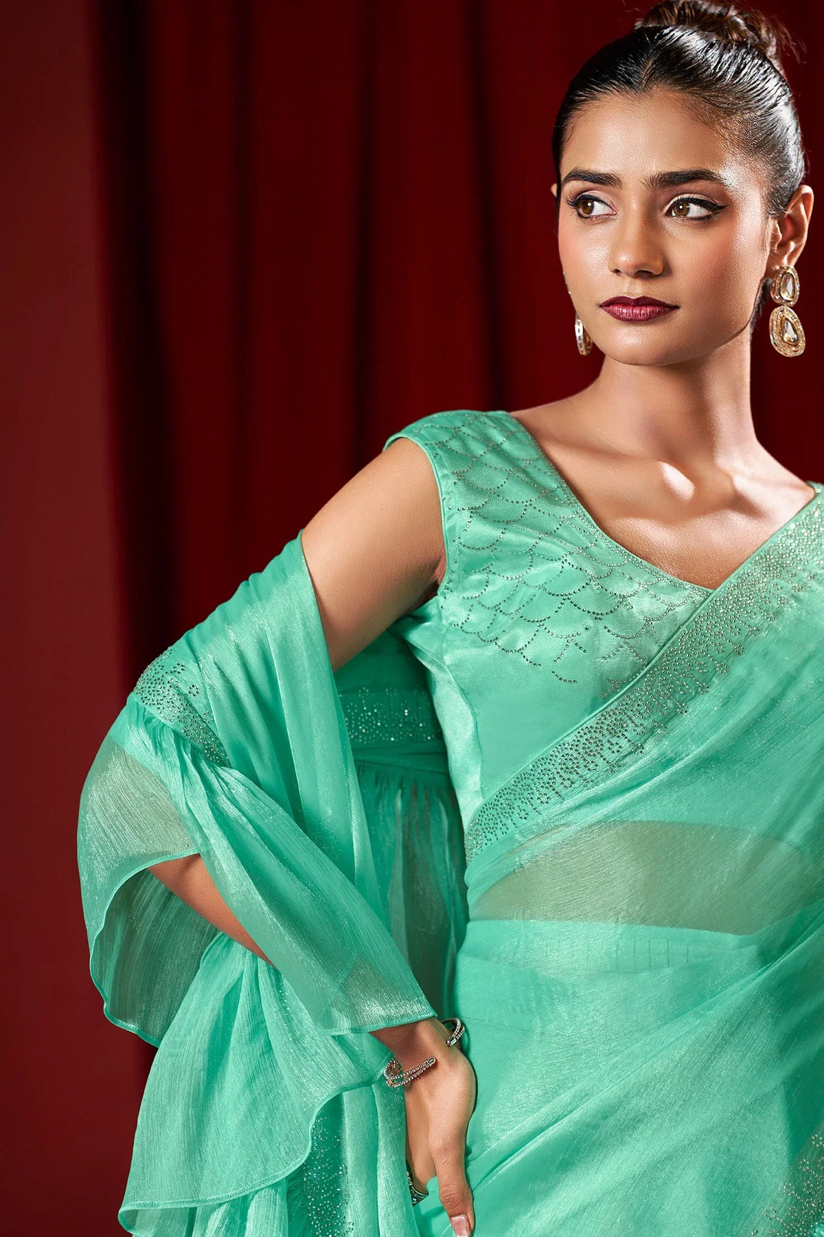 Laxmipati Ready to Wear (SS*) Sea Green Embroidered Georgette Saree