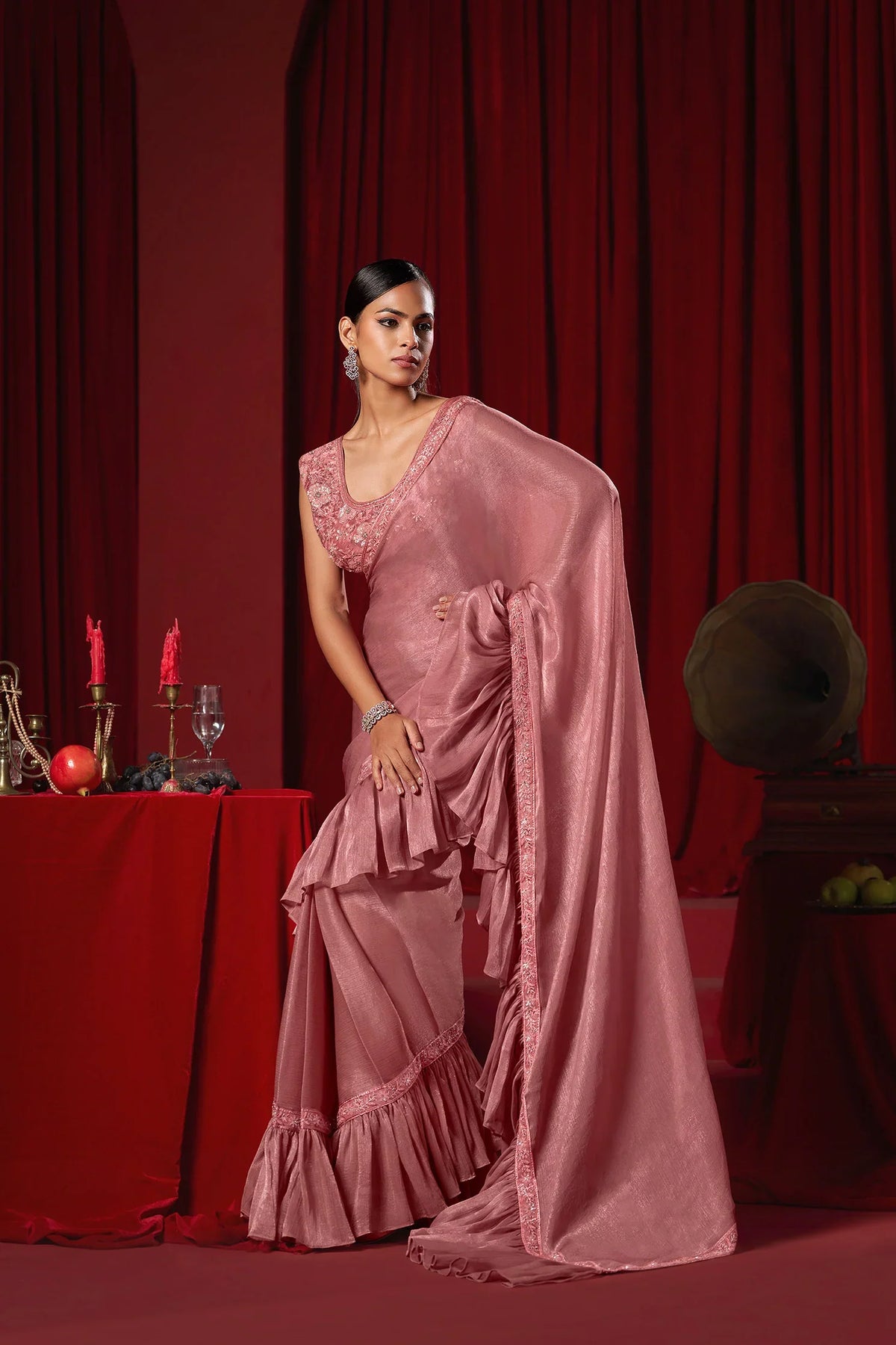 Laxmipati Ready to Wear (SS*) Cherry Pink Embroidered Georgette Saree